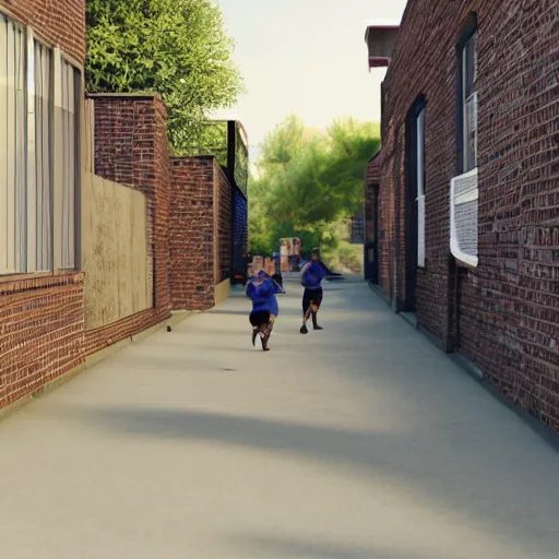 Image similar to kids running down a school alleyway in a hype, photorealistic, 4k, award-winning