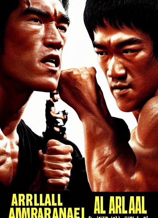 Image similar to Film poster, Arnold Schwarzenegger VS Bruce lee , faces look at each other, detailed and realistic, 4k, filmic render