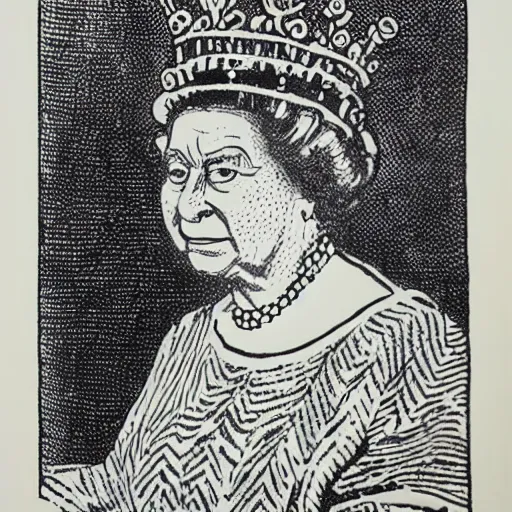 Image similar to queen elizabeth wearing balaclava and crown, lino print, whiskey bottle