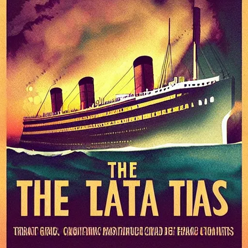 Prompt: The last days of the titanic , Animation printed poster , Artwork by James Gilleard, cinematic composition, trending