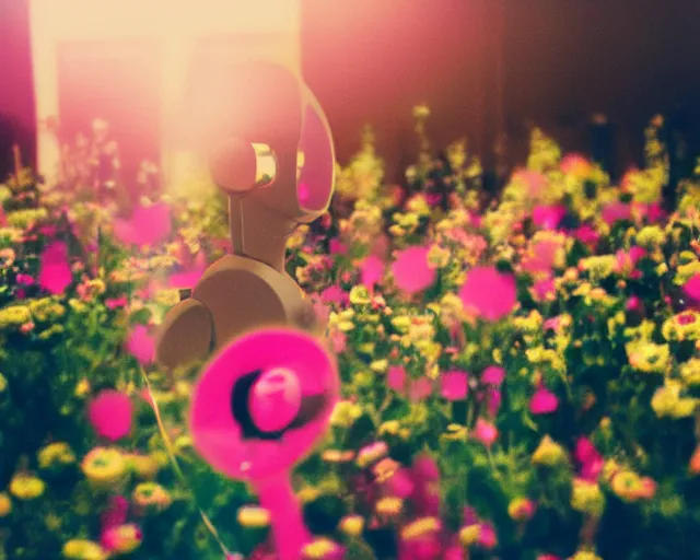 Image similar to oversaturated, burned, light leak, expired film, photo of a robot girl crying crowded by busy flowers