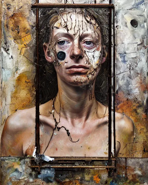 Image similar to a full length portrait of a very ordinary young woman with a troubled expression, Anselm Kiefer and Lucian Freud and Jenny Saville, oil painting, rust, Scaffolding, rusted metal and sunflowers, iron cladding, decay, mixed media, textured, anatomically correct, beautiful perfect face, visible brushstrokes, sharp focus, Highly Detailed, photographic emulsion cracked and peeling, Cinematic Lighting, 8k, HD