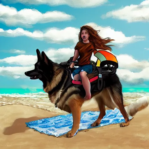 Image similar to girl riding a giant German shepherd at the beach, trending on artstation