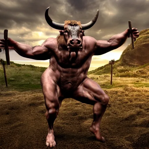 Image similar to realistic photo of a minotaur. body of a man and the head of a bull. hd