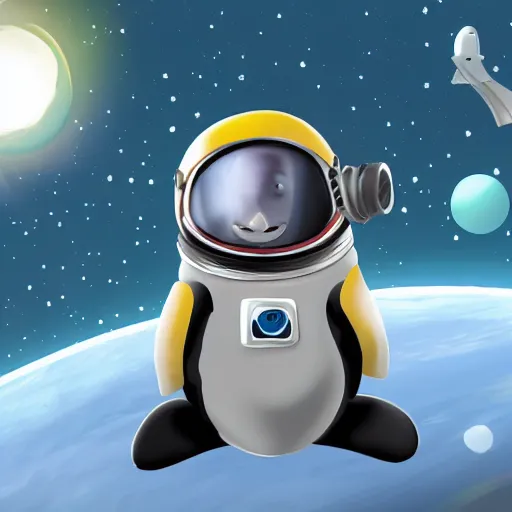 Image similar to cute astronaut penguin, helmet on, floating on space, disney style, 8 k