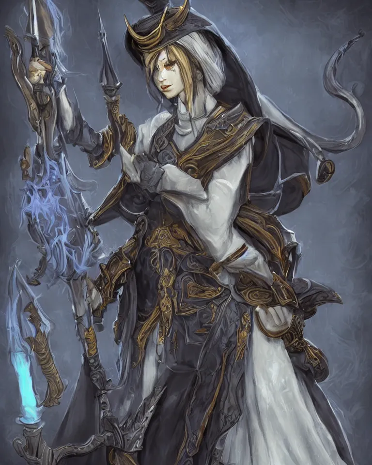 Image similar to female character concept art of tiefling cleric gunslinger holding fantasy gun wearing a nun veil with demon horns on top, full body, grey skin, fine detailed painting, demon tail, blue cleric priestess robe with golden embroidery, final fantasy character art style, game character design, dark fantasy