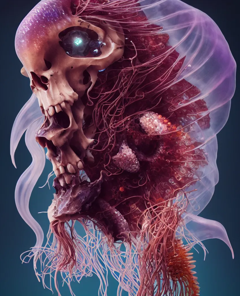 Image similar to goddess close-up portrait animal skull. jellyfish phoenix head, nautilus, orchid, skull, betta fish, bioluminiscent creatures, intricate artwork by Tooth Wu and wlop and beeple. octane render, trending on artstation, greg rutkowski very coherent symmetrical artwork. cinematic, hyper realism, high detail, octane render, 8k