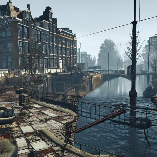 Prompt: De Dam in Amsterdam in ruins post-nuclear war in Fallout 4, in game screenshot