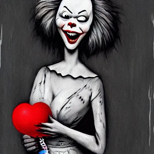 Image similar to grunge cartoon painting of margot robbie with a wide smile and a red balloon by chris leib, loony toons style, pennywise style, corpse bride style, horror theme, detailed, elegant, intricate