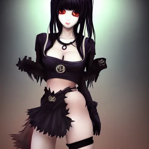 Image similar to goth anime girl in mini skirt and crop top intricate, extremely detailed, digital painting, artstation, concept art, smooth, sharp focus, illustration, intimidating lighting, incredible art,