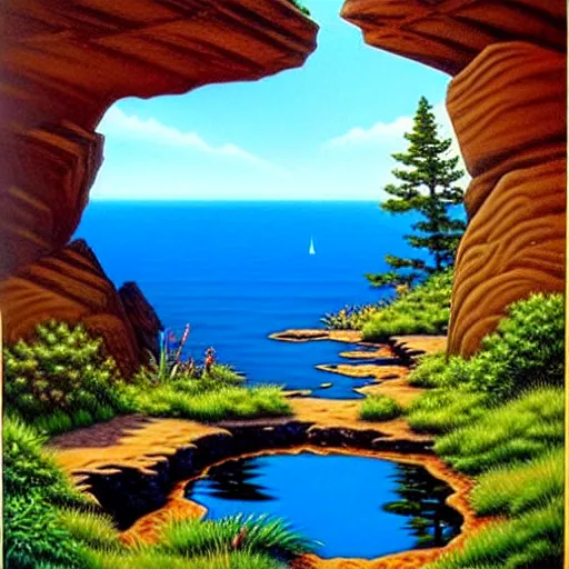 Prompt: Larry Elmore painting - You step to the edge of the rocky opening and peer over. You see a tranquil pond and a sandy beach 20 feet below. The opening’s bottom leads to a cave, its verdant flora a stark contrast to the rocky sides.