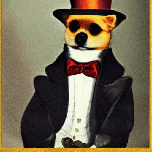 Image similar to a tan pomeranian wearing a top - hat and a monocle and sitting on large pile of featureless gold coins