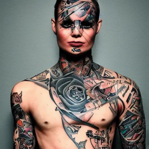 Image similar to a cyborg with tattoos