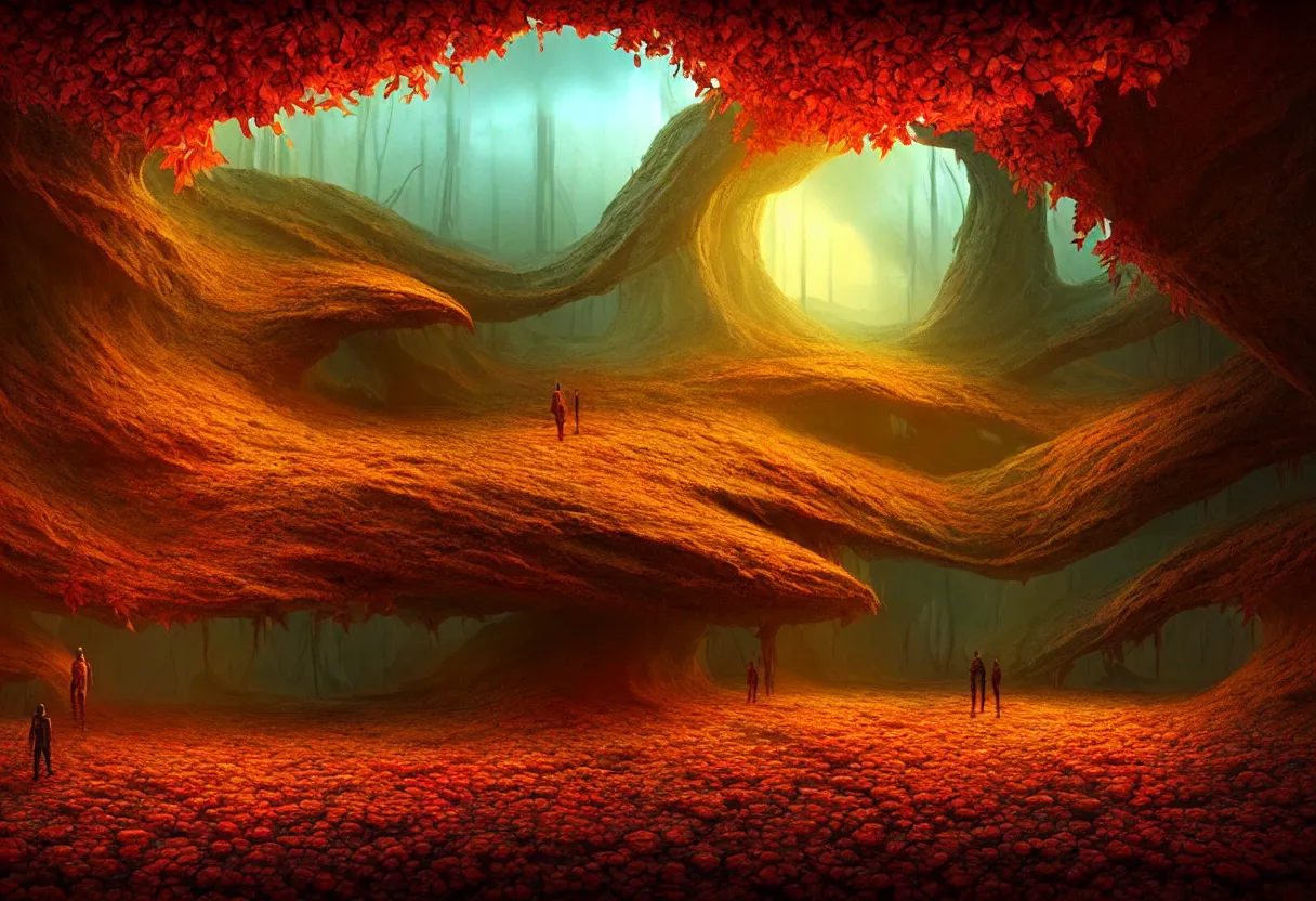 Image similar to inside of alien autumn colored landscape of human mind and imagination, matte painting, beautiful render, octane render, concept art