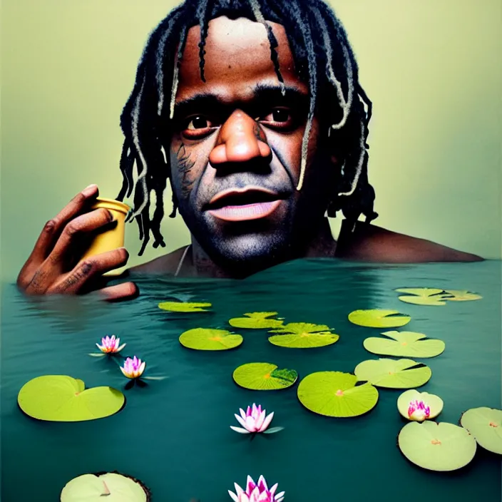 Image similar to Kodak Portra 400, 8K, soft light, volumetric lighting, highly detailed, britt marling style 3/4 ,portrait photo of chief keef holding a cup of lean and a blunt, the face emerges from the water of a pond with water lilies, inspired by Ophelia paint , a beautiful scenery with highly detailed realistic weed smoke , Realistic, Refined, Highly Detailed, natural outdoor soft pastel lighting colors scheme, outdoor fine art photography, Hyper realistic, photo realistic