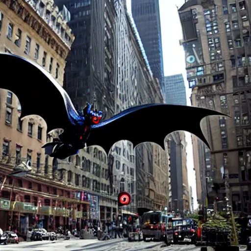 Image similar to toothless from how to train your dragon flying in new york city