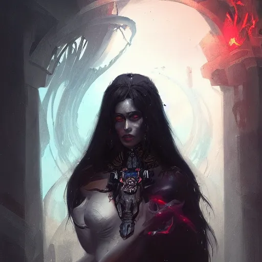 Prompt: a beautiful portrait of death goddess by Greg Rutkowski and Raymond Swanland, ominous background, Trending on Artstation