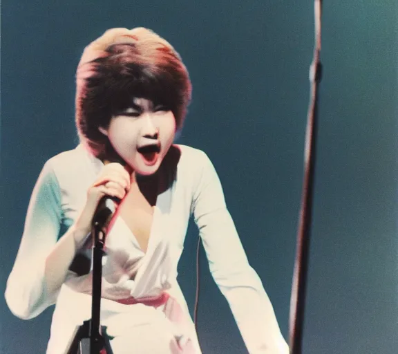 Prompt: photo of singer singing in an japan 1 9 8 0 pop big concert, color photo, colored