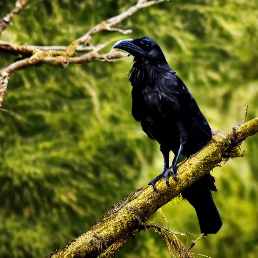 Image similar to A high quality photo of a raven perched on a tree, 4k, detailed, focus on a raven