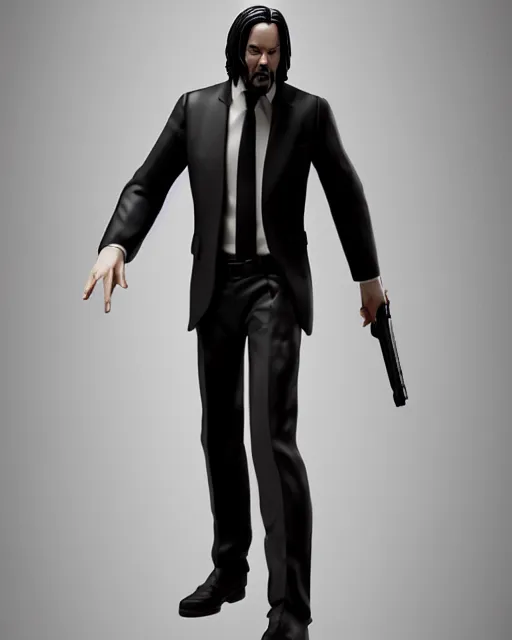 Image similar to full body 3d render of John Wick as a stylized action figure, studio lighting, white background, blender, trending on artstation, 8k, highly detailed