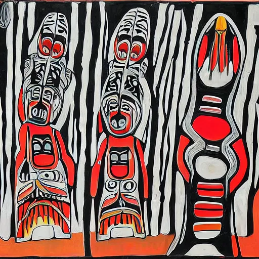 Image similar to a girl, north western indigenous art styles of belerose, desjarlais, robbie craig. girl running through a forest of totem poles, gray black white and red noir,