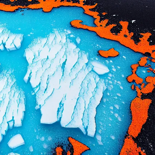Image similar to top down view of map of iceland made out of ice, highly detailed, surrounded by ocean made out of hot orange lava, realistic