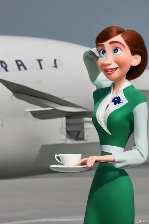 Prompt: portrait of female flight attendant green eyes holding white teacup with inside plane cabin in background, full body. pixar disney 4 k 3 d render funny animation movie oscar winning trending on artstation and behance, ratatouille style