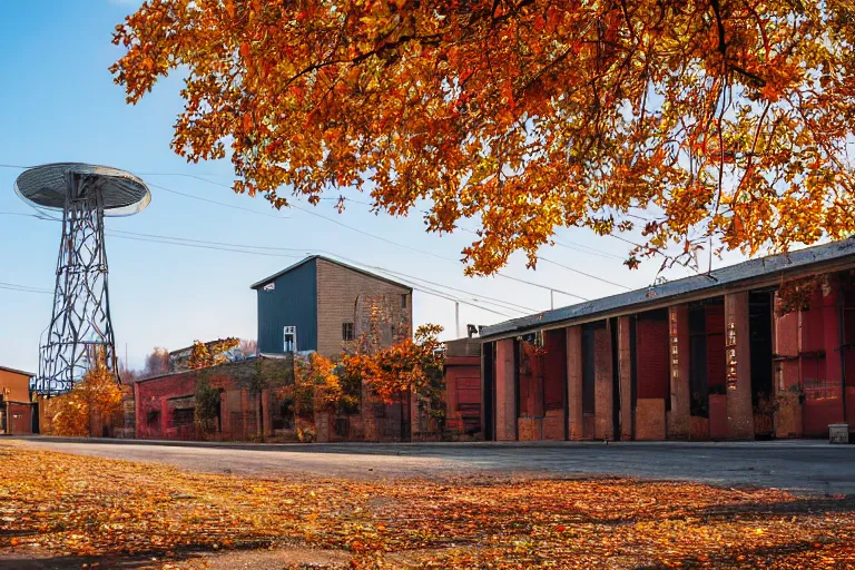 Image similar to warehouses on either side of a street, with an autumn hill directly behind, radio tower. Lens compression, photography, highly detailed