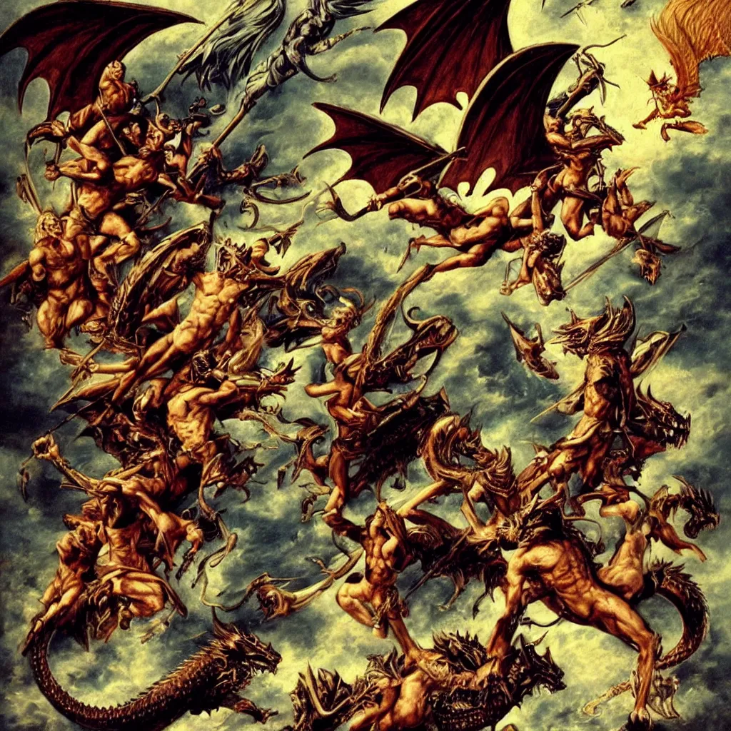 Image similar to There was war in heaven, Michael and his angels fought against the dragon, and the dragon fought and his angels, and prevailed not, neither was their place found any more in heaven. And the great dragon was cast out, that old serpent, called the Devil, and Satan, which deceived the whole world, he was cast out into the earth, and his angels were cast out with him. Acrylic on Canvas.