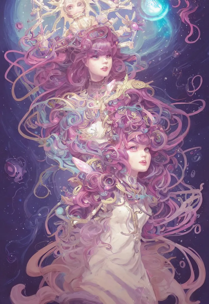 Image similar to full body picture of an maximalist dress magical girl, neat hair with bangs, smug face, extremely beautiful and aesthetic and detailed cute face and eyes, wipe out evils with cute astronaut familiar sprites, aming the magical beams to the camera, chiaroscuro, intricate, masterpiece, epic fantasy illustrations by peter mohrbacher and anato finnstark and jeremy lipking