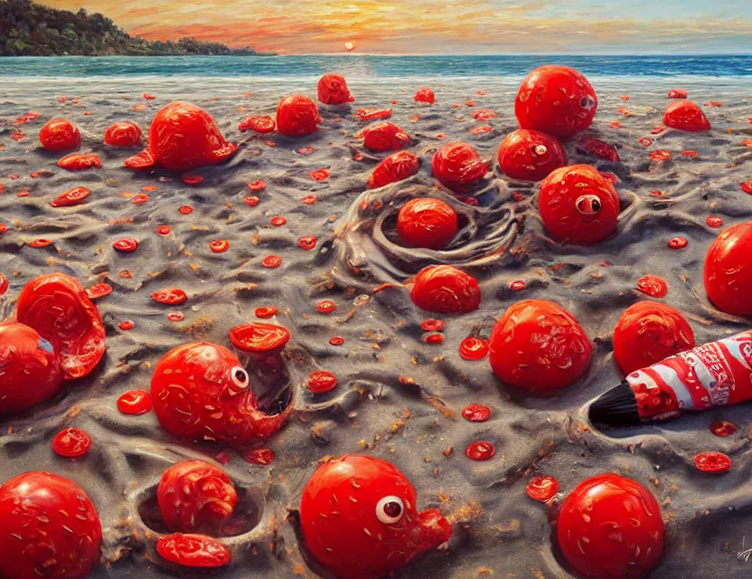 Prompt: a funny detailed high resolution oil painting with dirty old brush of a lazy red burning and melting tomato with to many googly eyes on a beach to hot for the sun, big piles of strawberry icecream in cones falling from the sky on a sunset by james jean