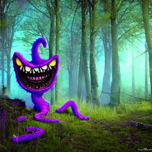 Image similar to demonic cheshire cat in a neon purple forest, horror, scary, realist, cryengine, hdr