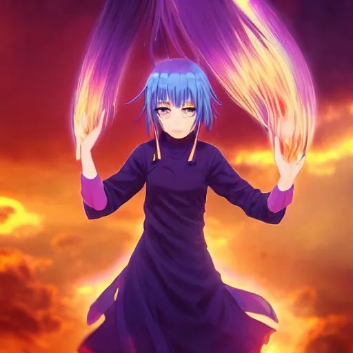 Image similar to rimuru tempest from tensura holding purple fire in her palm, with amber eyes of golden colored eyes, straight hair, sky blue hair, long bangs, concept art, award winning photography, digital painting, cinematic, wlop, 8 k, by ross tran, andy warhol, makoto shinkai