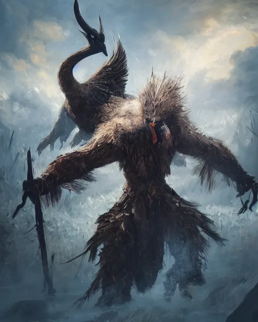 Prompt: oil painting of Angry Anthropomorphized Swan Berserker, wearing fur armor, claws, sharp focus, attack pose, fantasy style, octane render, volumetric lighting, 8k high definition, by greg rutkowski, highly detailed, trending on art Station, magic the gathering artwork, burning Battlefield background, centered