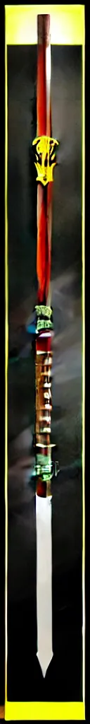 Image similar to picture of a single wooden long thin ninja staff with ornaments, highlight, weapon, cyberpunk, sci - fi, fantasy, dnd, close shot, bright uniform background, award winning