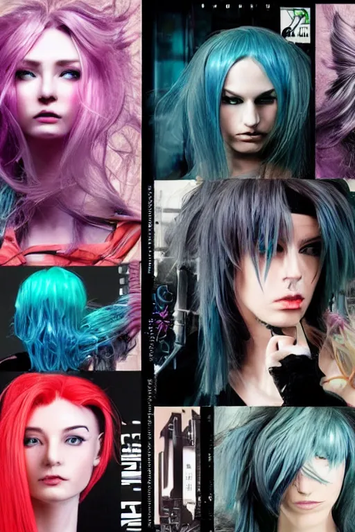 Image similar to futuristic cyberpunk hair styles magazine page