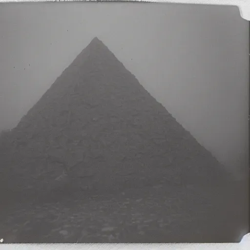 Image similar to a stone pyramid in the middle of a forest clearing, foggy, eerie, creepy, unsettling, lost footage, old polaroid, expired film,