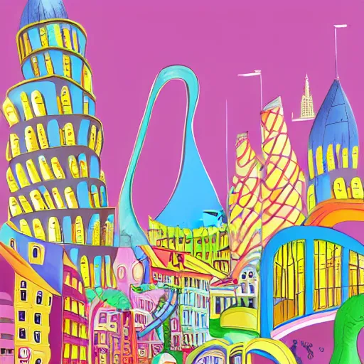 Image similar to fanciful city filled with curvy buildings, by dr seuss, oh the places you'll go, arches, platforms, towers, bridges, stairs, colorful kids book illustration