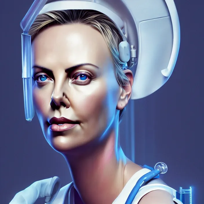 Image similar to portrait of charlize theron as a nurse. intricate abstract. intricate artwork. by tooth wu, wlop, beeple, dan mumford. octane render, trending on artstation, greg rutkowski very coherent symmetrical artwork. cinematic, hyper realism, high detail, octane render, 8 k, iridescent accents