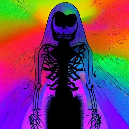 Prompt: dark shadowy cloaked skeleton wearing rainbow sun glasses, particles and distortion, in the style of Ori Toor