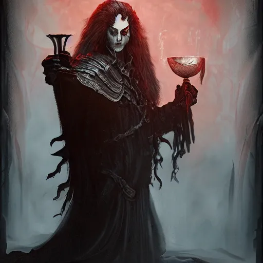Prompt: portrait of vampire lord drinking from a goblet of blood, fantasy concept art, dark souls, octane, ray tracing