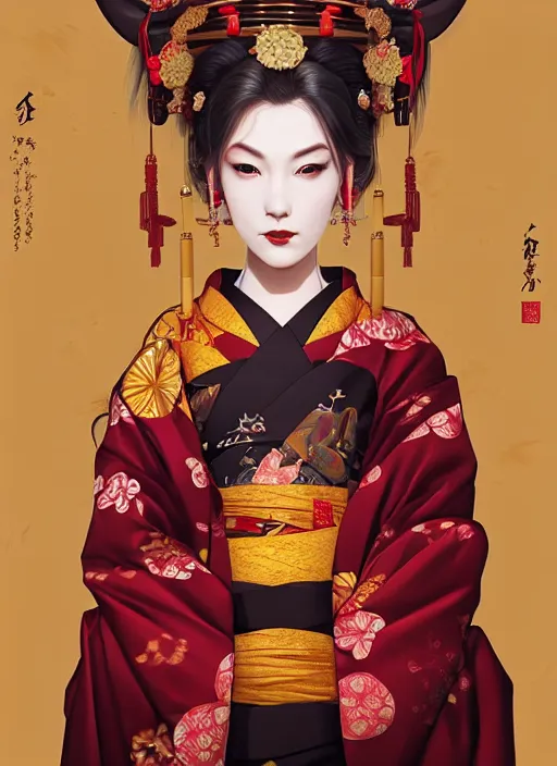 Image similar to dreamlike luxury stunning oiran portrait, red and gold kimono, art by artgerm, wlop, loish, ilya kuvshinov, 8 k realistic, hyperdetailed, beautiful lighting, detailed background, depth of field, symmetrical face, frostbite 3 engine, cryengine,