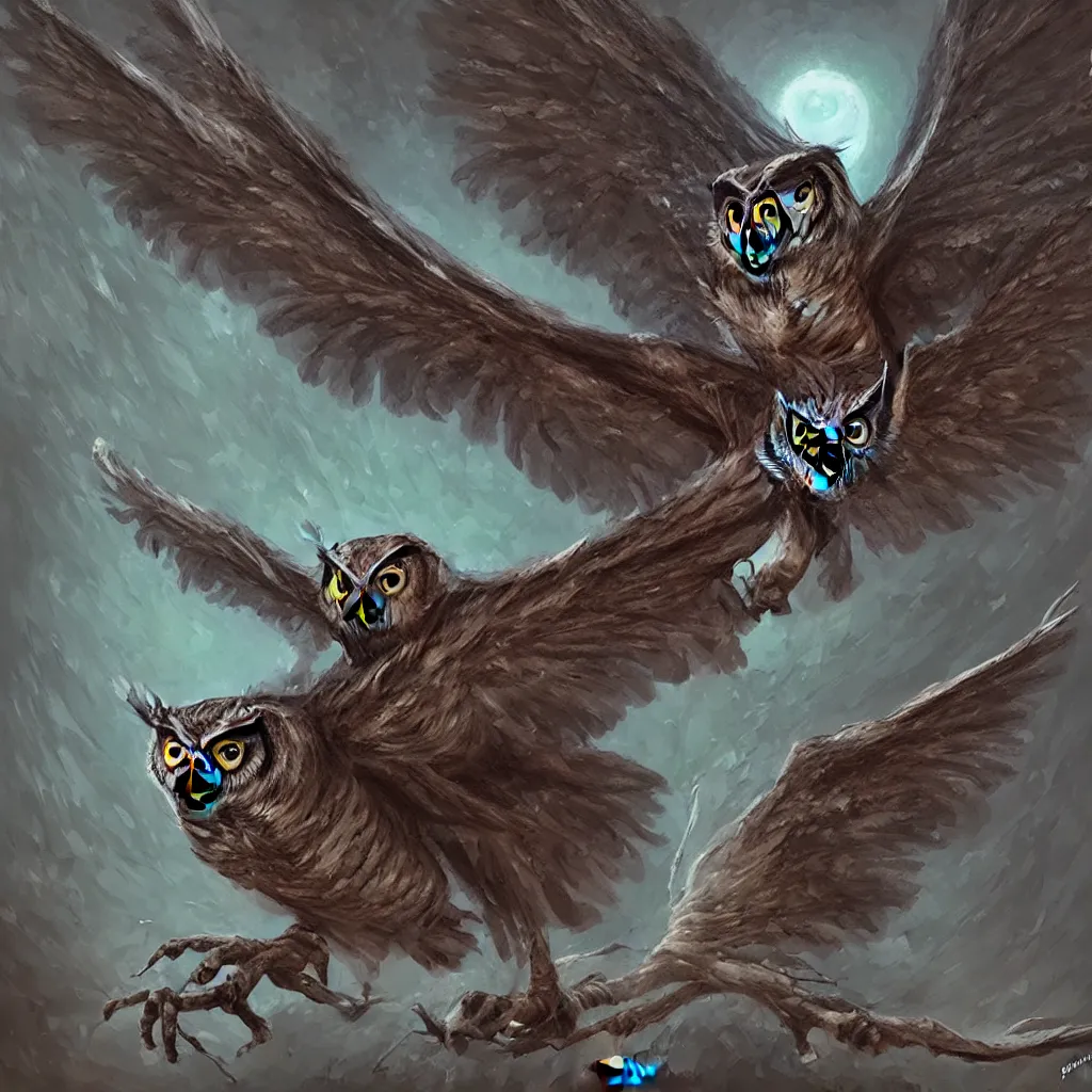 Prompt: an incredibly scary owl with its wings outstretched and with huge bulging eyes, digital art, fantasy, oil on canvas, trending on artstation