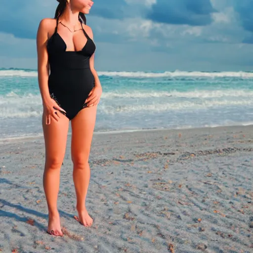 Prompt: a beautiful girl standing on the beach