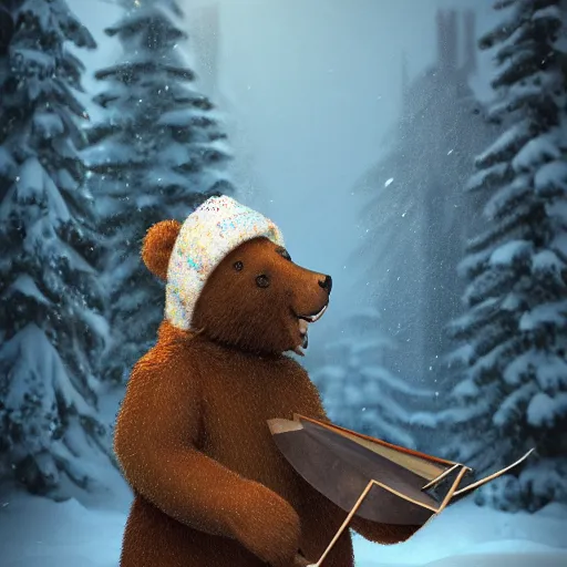 Prompt: smiling brown bear holding triangular balalaika (triangular chordophone, triangular Domra) in hat in winter at streets of Moscow, sharp focus, fantasy style, octane render, volumetric lighting, 8k high definition, by greg rutkowski, highly detailed, trending on art Station