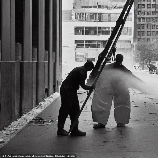 Image similar to closeup portrait of a cleaners mopping up the tears of crying people in a new york street, natural light, photography, world press photo