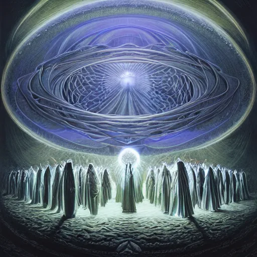 Image similar to a quantum computer, a dark cabal of multiple hooded elven mystics in long robes gathered in a circular formation around a quantum computer, processing the spirits of the dead, dan seagrave, michael whelan art, beautifully detailed