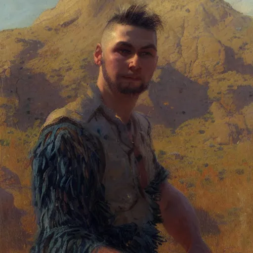 Image similar to a man with a mohawk haircut, painting by Gaston Bussiere, Craig Mullins