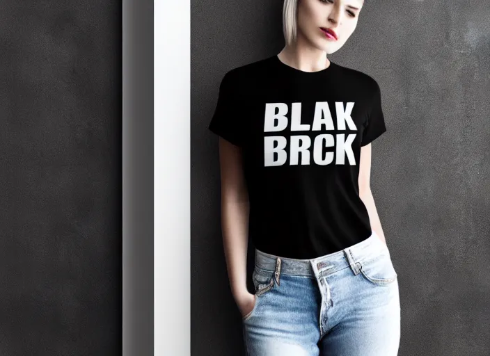 Image similar to clear photorealistic mockup product photograph of a blank black tshirt on an attractive female model in front of a livingroom!! background