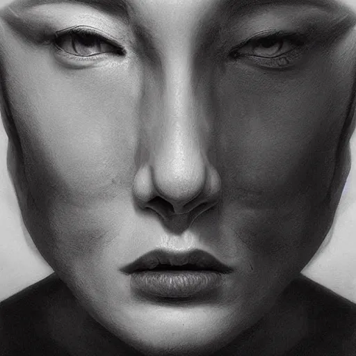 Image similar to a two people's face fusing together!!!!!!, photorealistic art style, charcoal drawing by richard mortensen, matte drawing, hyper realism, zbrush, mannerism